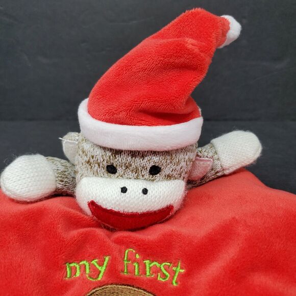 Baby Starters Lovey Sock Monkey My First Christmas Red Brown Security Blanket - Picture 3 of 7